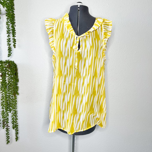 Bobeau Yellow White Animal Print Ruffle Tie Neck Blouse Women's Size X-Large XL - Picture 1 of 9